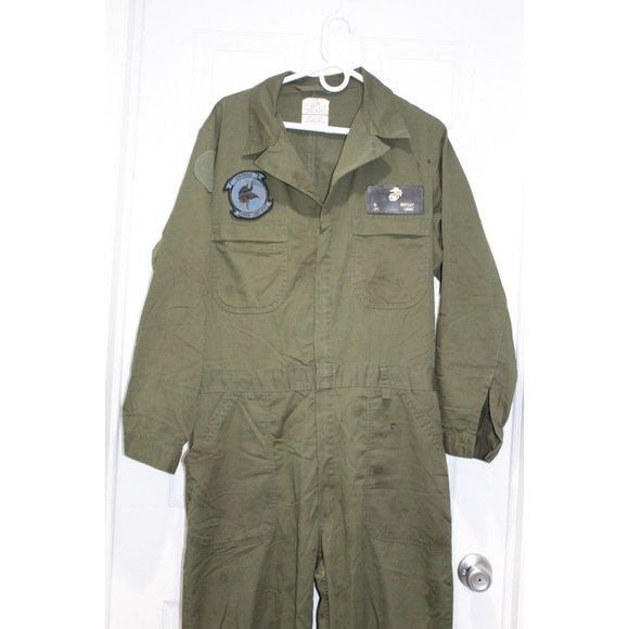 USMC US Marine Corps Olive Green OD Cotton Utility Coveralls Overalls 44 L Patch - Picture 2 of 11